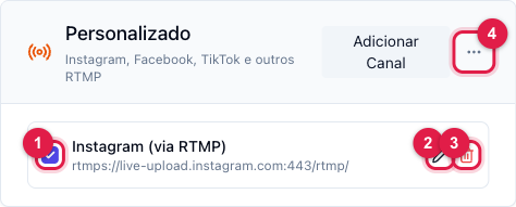 Cartão Personalizado com o canal criado, a caixa de marcação e os botões Editar e Excluir