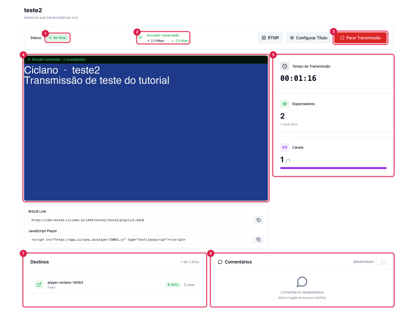 Tela Início ao vivo com o bloco Comentários e o interruptor Desativado no canto