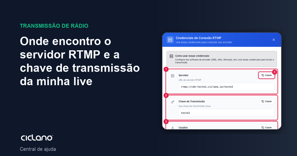 Onde encontro o servidor RTMP e a chave de transmissão da minha live