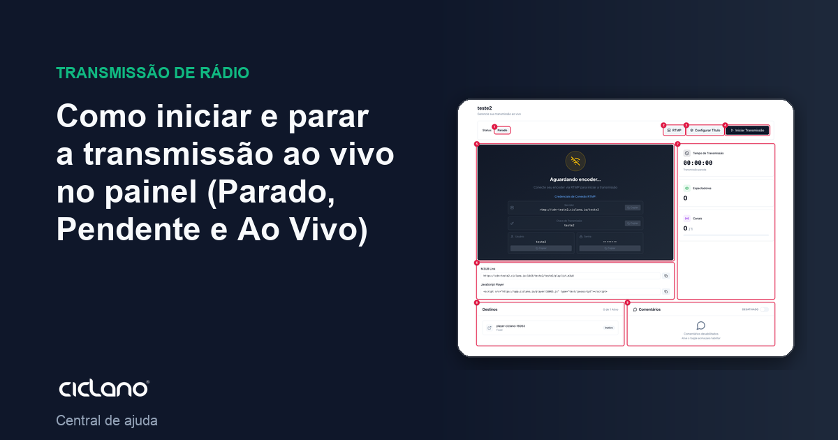 Como iniciar e parar a transmissão ao vivo no painel (Parado, Pendente e Ao Vivo)