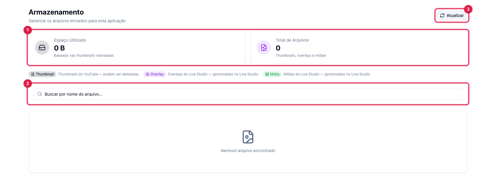 Página Armazenamento com o espaço utilizado, o total de arquivos, a legenda dos tipos, a busca e a lista de arquivos