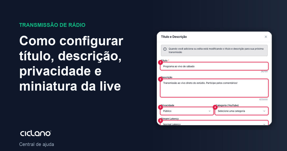 Como configurar título, descrição, privacidade e miniatura da live