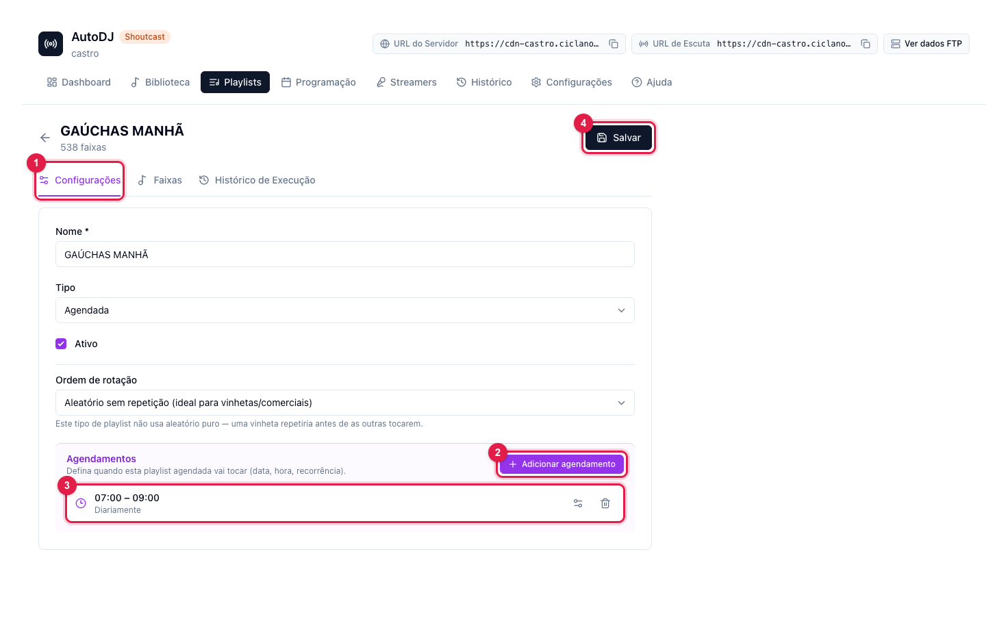 Aba Configurações de uma playlist Agendada com a lista de agendamentos e o botão Adicionar agendamento