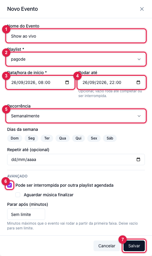 Janela Novo Evento com nome, playlist, data e hora de início, recorrência, rodar até e as opções de interrupção