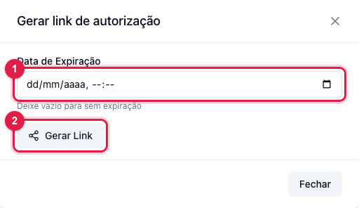 Janela Gerar link de autorização com o campo Data de Expiração e o botão Gerar Link