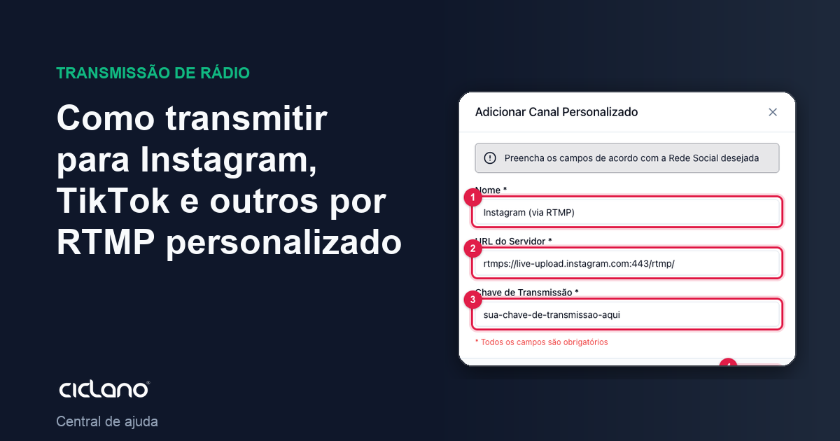 Como transmitir para Instagram, TikTok e outros por RTMP personalizado