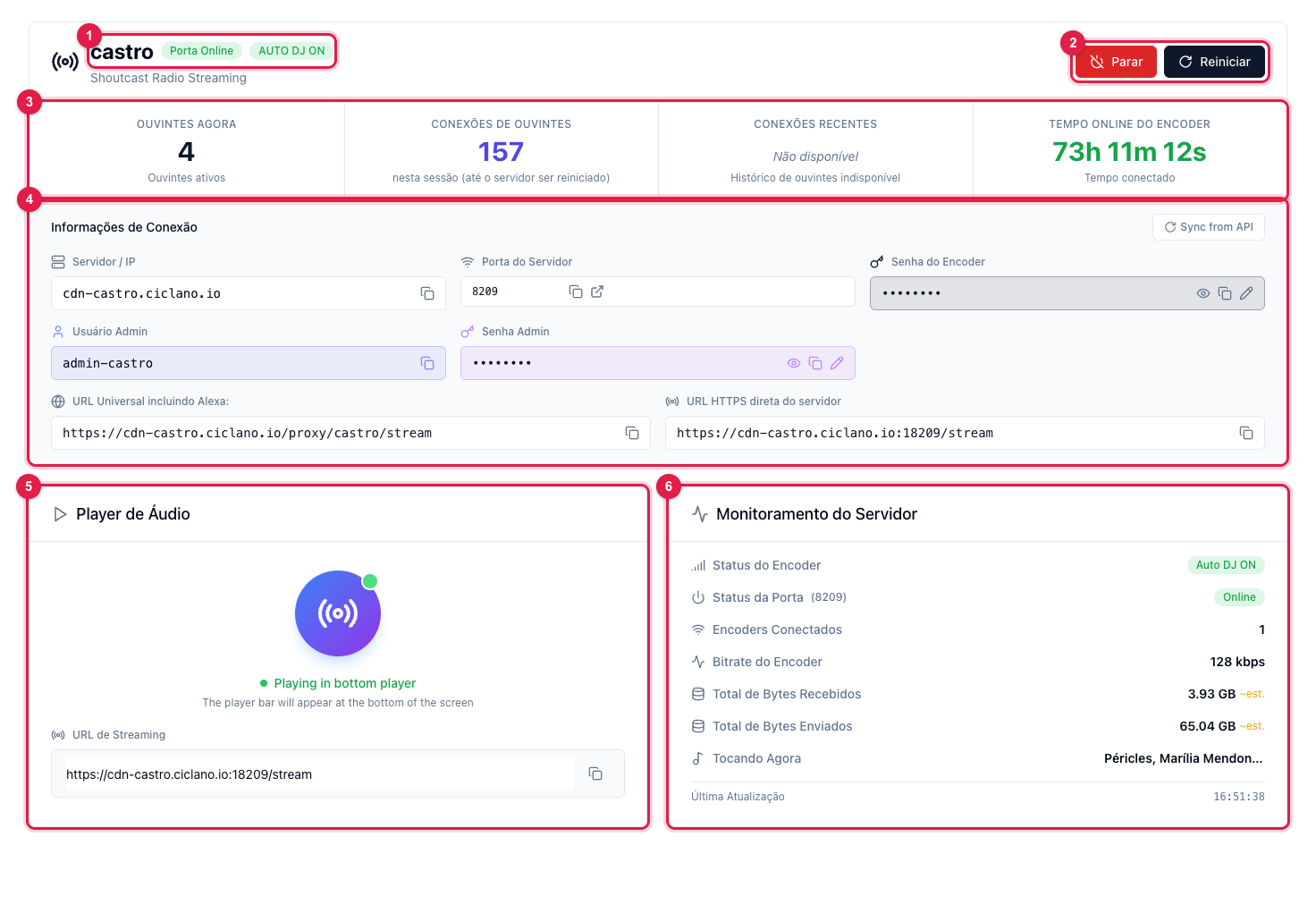 Tela Início da rádio com os selos de status, os botões Parar e Reiniciar, os cards de ouvintes, os dados de conexão, o player e o monitoramento