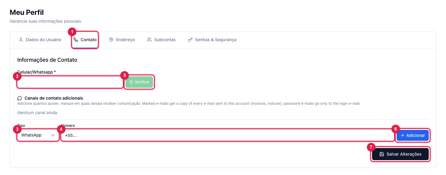 Aba Contato do perfil com o celular, o botão Verificar e os canais de contato adicionais