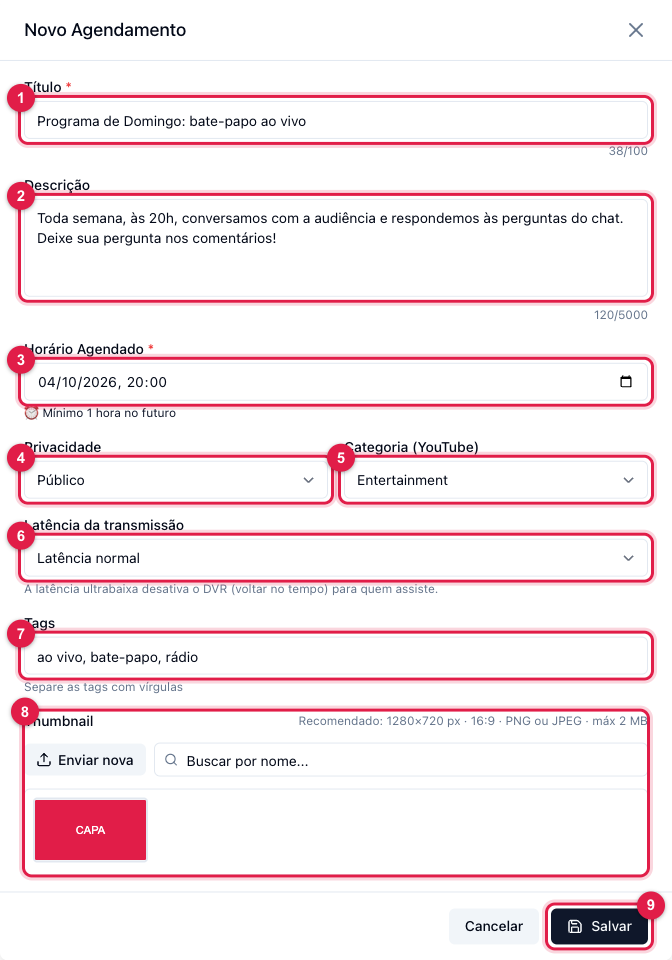 New Schedule window with title, description, scheduled time, privacy, category, latency, tags and thumbnail