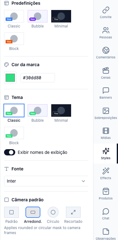 Aba Estilos com predefinições, cor da marca, tema, fonte, formato e tamanho da câmera e as opções do nome na tela