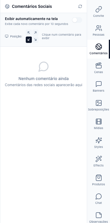 Aba Comentários Sociais com a opção de exibir automaticamente, a posição na tela e a lista de comentários