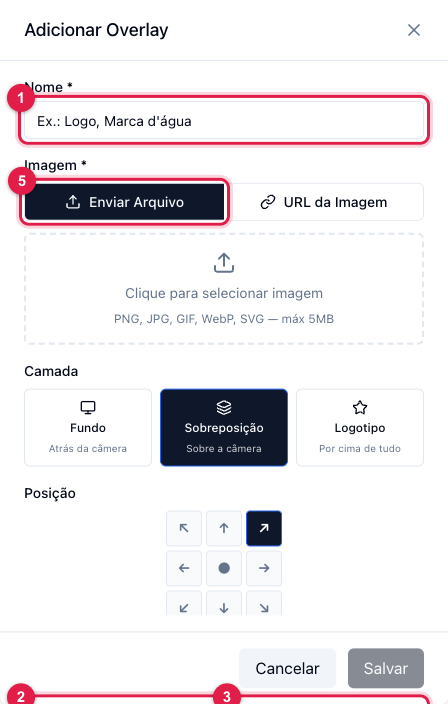 Janela Adicionar Overlay com nome, imagem, camada, posição, largura, altura e opacidade