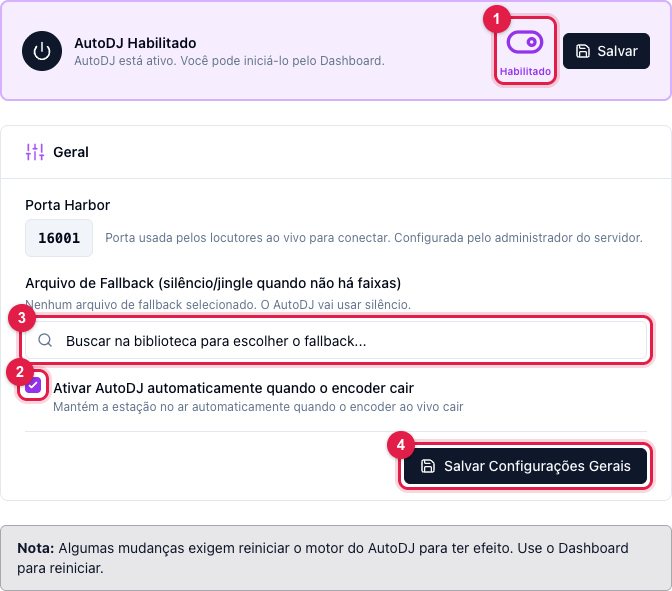Seção Geral das Configurações do AutoDJ com AutoDJ Habilitado, ativar automaticamente quando o encoder cair, arquivo de fallback e porta harbor