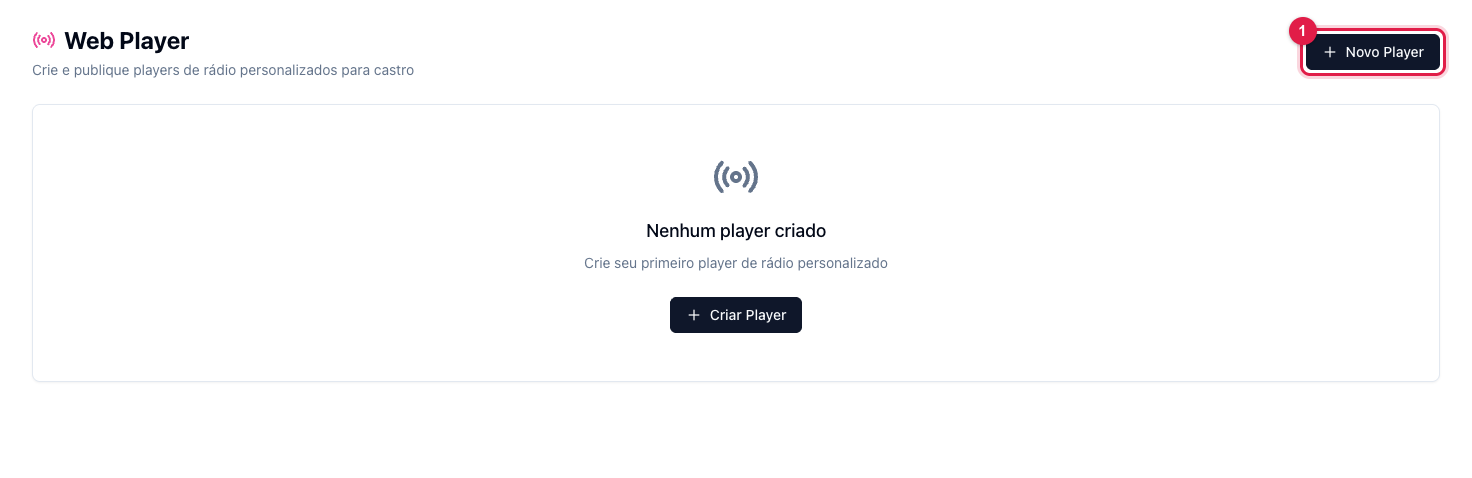 Página Web Player sem players criados, com o botão Novo Player