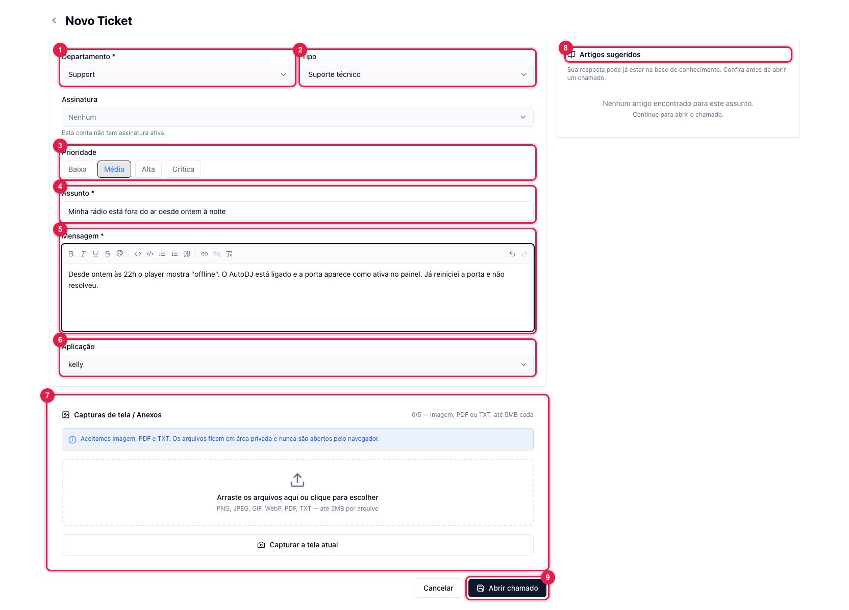 New Ticket form with department, type, priority, subject, message, application, attachments, suggested articles and the Open ticket button