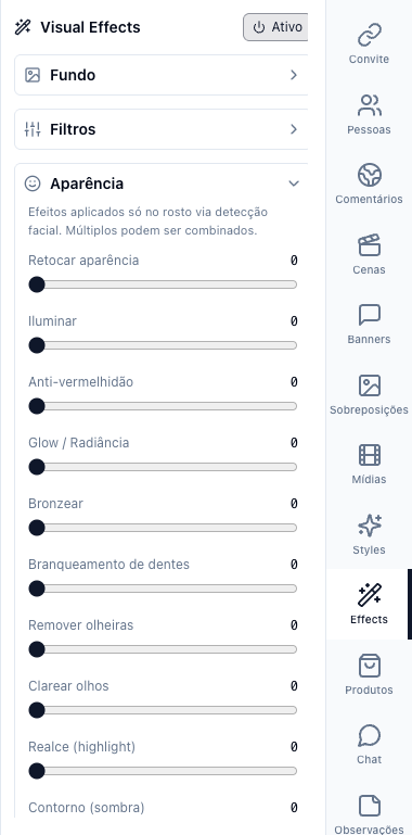 Aba Efeitos com o interruptor Ativo e as seções Fundo, Filtros, Aparência, Maquiagem e Pintura facial