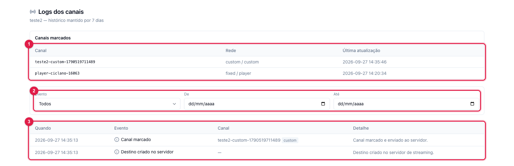 Página Logs dos canais com a tabela de canais marcados, os filtros e a lista de eventos
