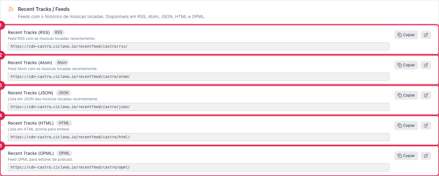 Seção Recent Tracks e Feeds com os formatos RSS, Atom, JSON, HTML e OPML