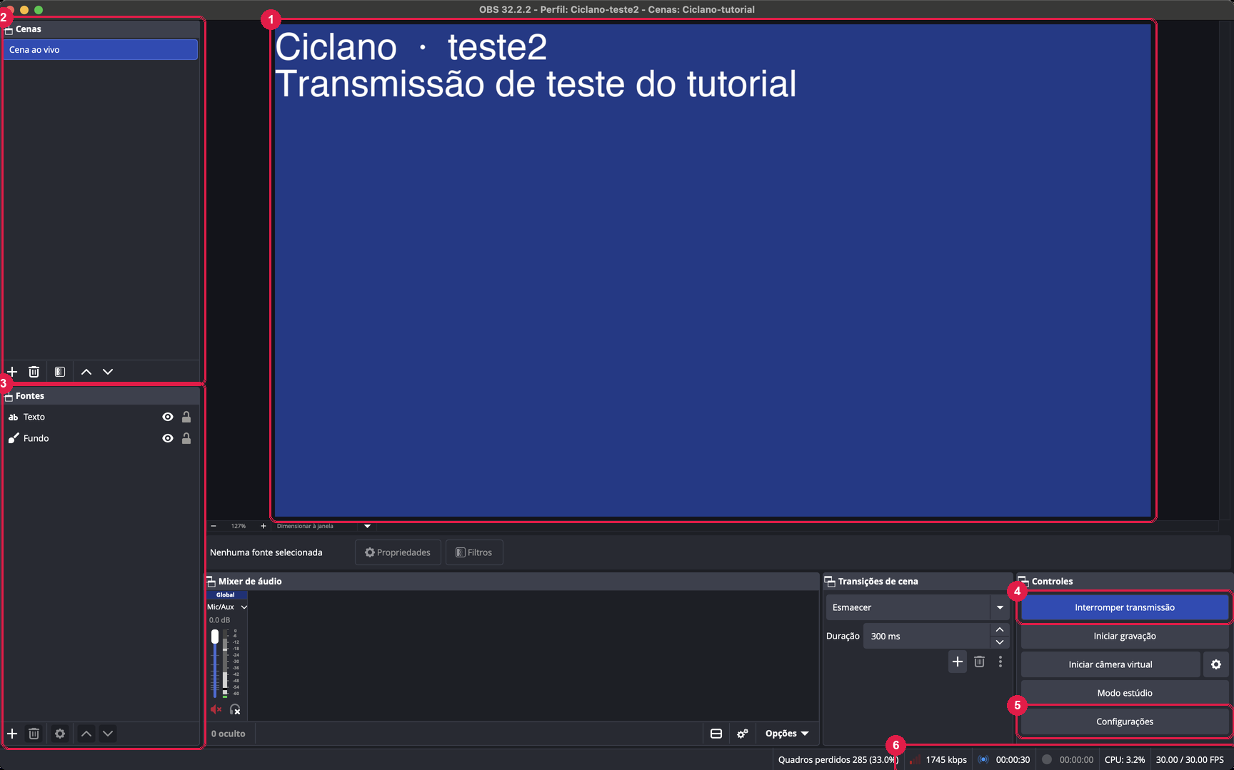 Janela principal do OBS Studio transmitindo, com a pré-visualização, os painéis Cenas e Fontes, os botões Interromper transmissão e Configurações e a barra de status