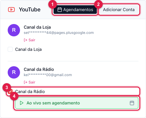 YouTube card on the Destinations page with the Schedules and Add Account buttons, the connected accounts with the checkbox and the Live without schedule selector