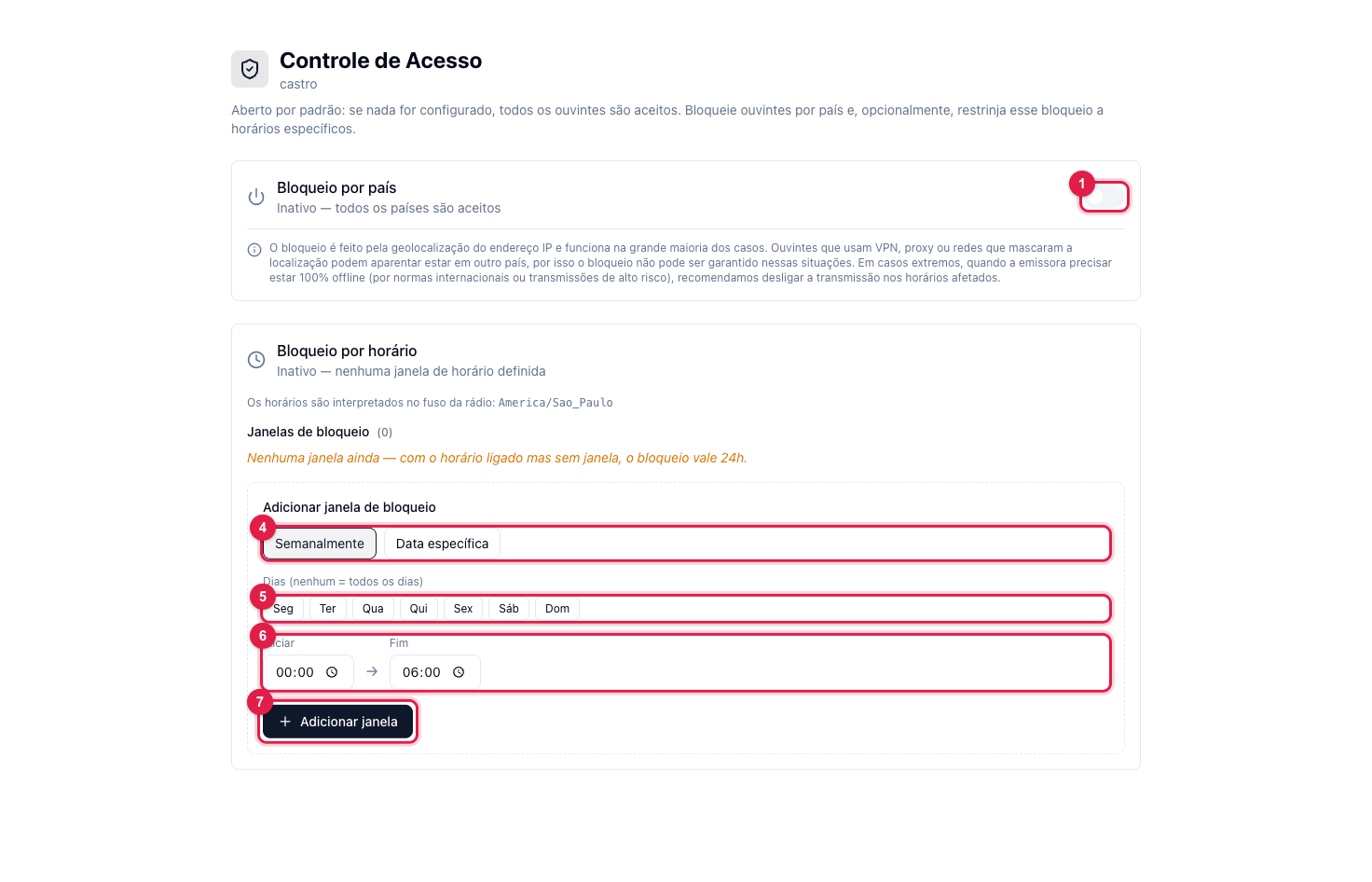 Página Controle de Acesso com a seção Bloqueio por horário e o formulário de nova janela