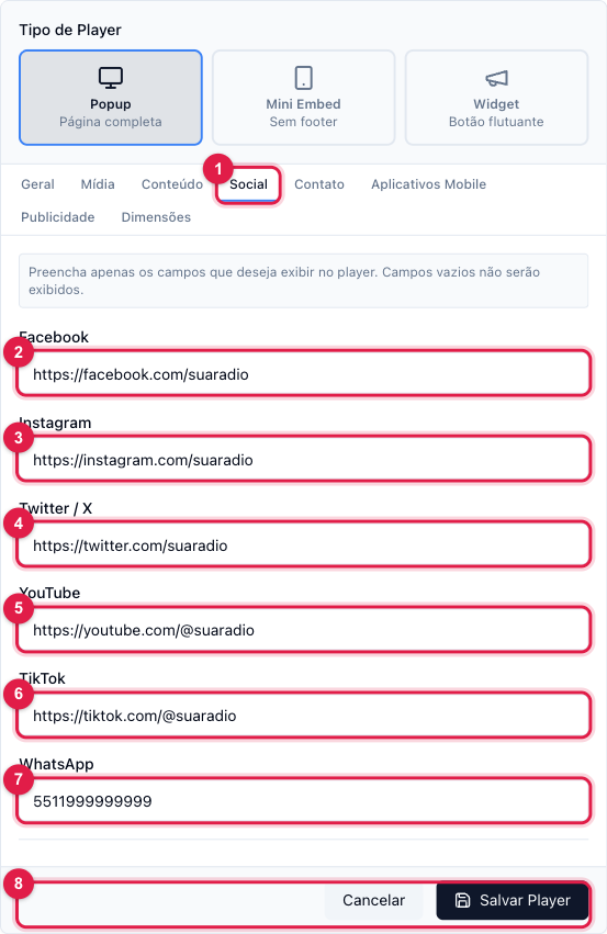 Aba Social com os campos de Facebook, Instagram, Twitter/X, YouTube, TikTok, WhatsApp e os textos de compartilhamento