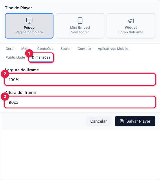 Aba Dimensões com largura e altura do iframe