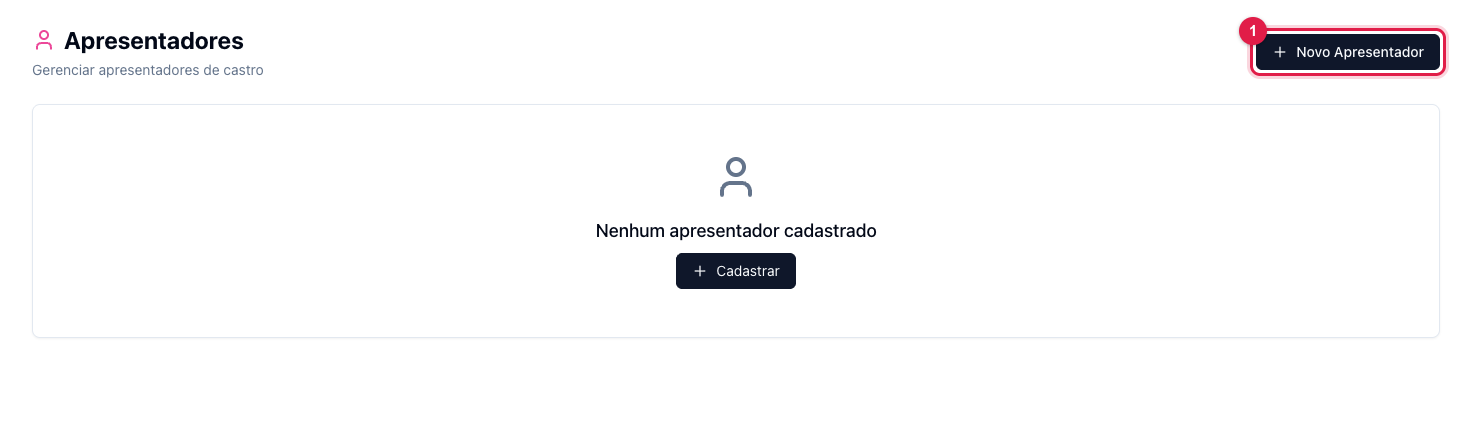 Página Apresentadores sem cadastros, com o botão Novo Apresentador