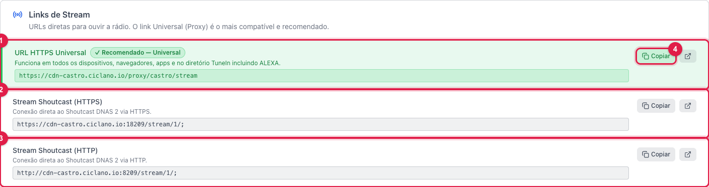 Seção Links de Stream da página Links e Widgets, com o link universal recomendado e os links diretos HTTPS e HTTP