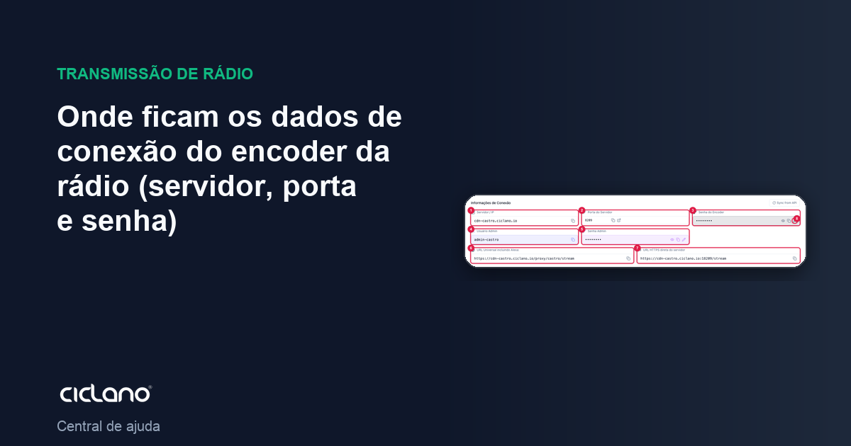 Onde ficam os dados de conexão do encoder da rádio (servidor, porta e senha)