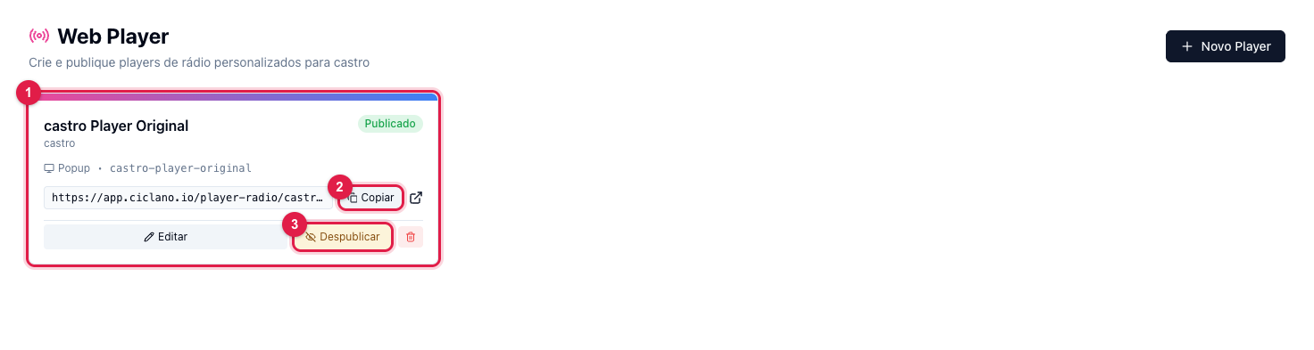 Player publicado na lista, com a URL pública, o botão Copiar e o botão Despublicar