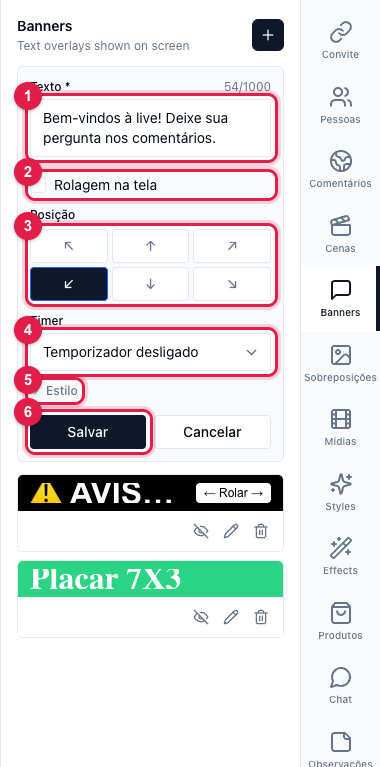 Formulário do banner com o texto, a opção de rolagem, a posição, o temporizador, o botão Estilo e Salvar