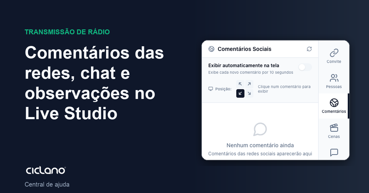 Comentários das redes, chat e observações no Live Studio