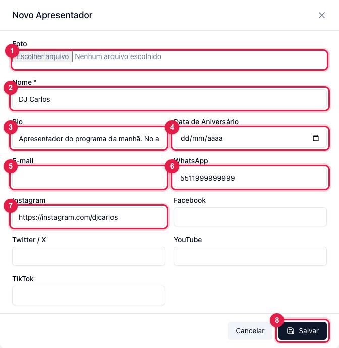 Janela Novo Apresentador com foto, nome, bio, data de aniversário, e-mail, WhatsApp, Instagram e as outras redes