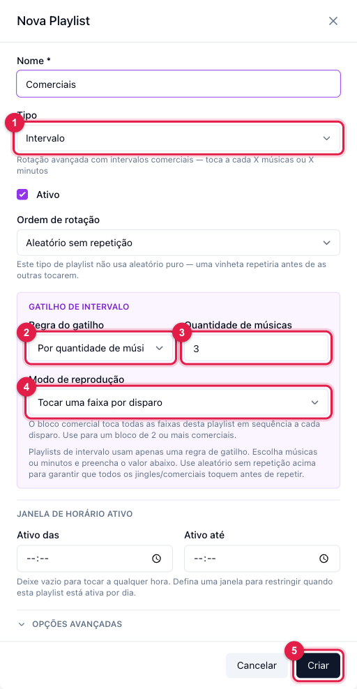 Janela Nova Playlist com o tipo Intervalo, o gatilho de intervalo e o modo de reprodução