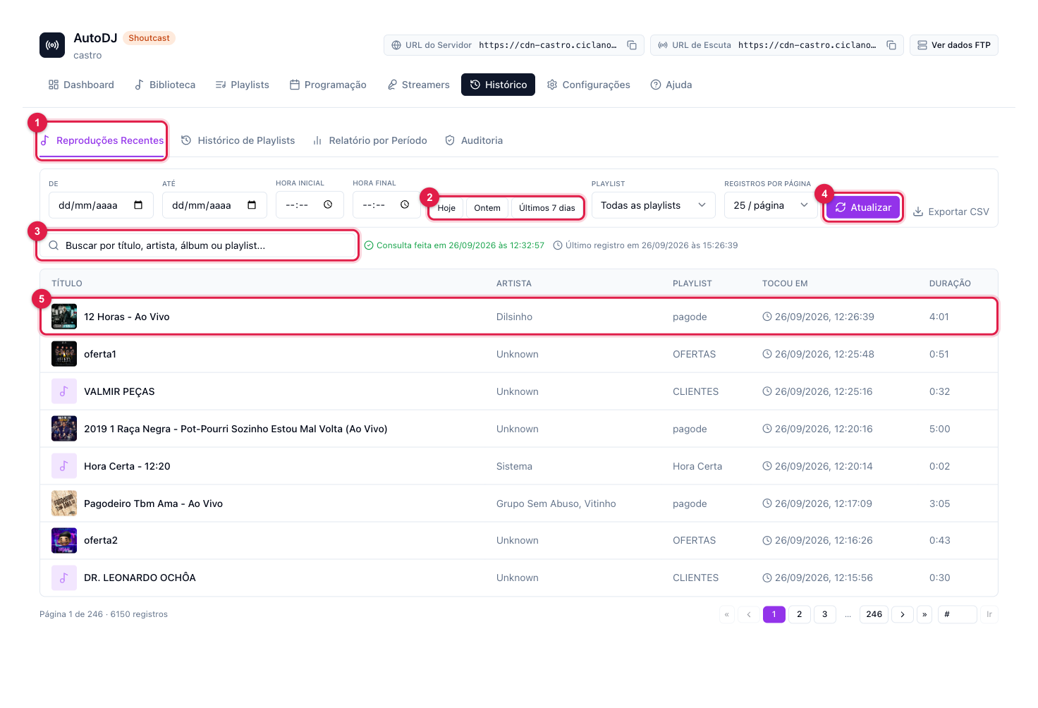 Aba Reproduções Recentes com a lista de faixas tocadas, playlist de origem e horário