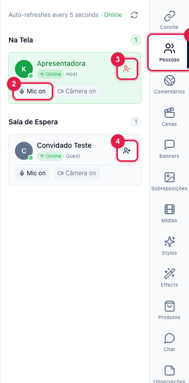 Aba Pessoas com o host na seção Na tela e o convidado na Sala de espera, com os botões de mutar, tirar da tela e adicionar à tela