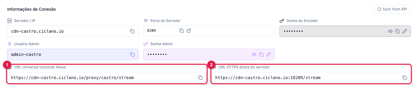 Bloco Informações de Conexão com a URL Universal incluindo Alexa e a URL HTTPS direta do servidor