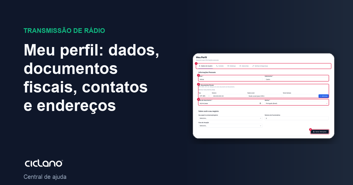 Meu perfil: dados, documentos fiscais, contatos e endereços