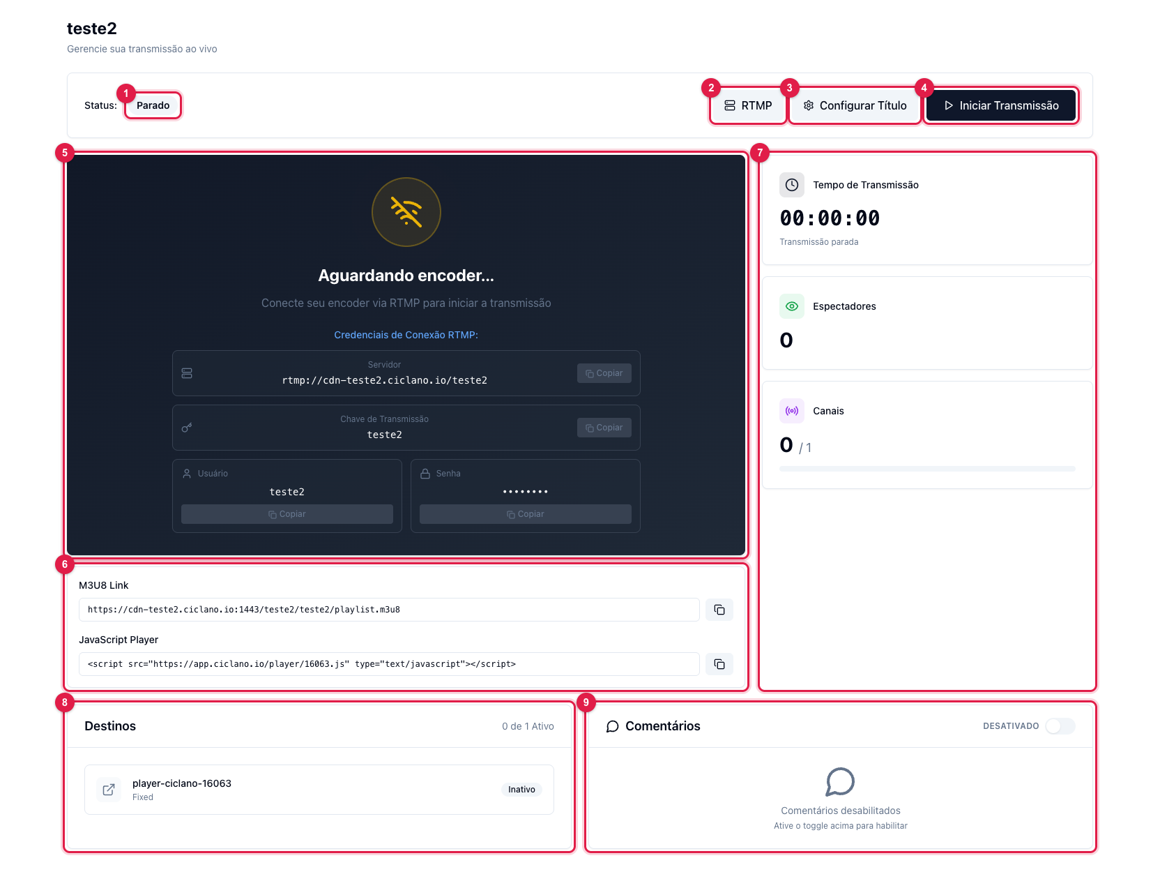 Tela Início com o bloco de links do player abaixo do vídeo