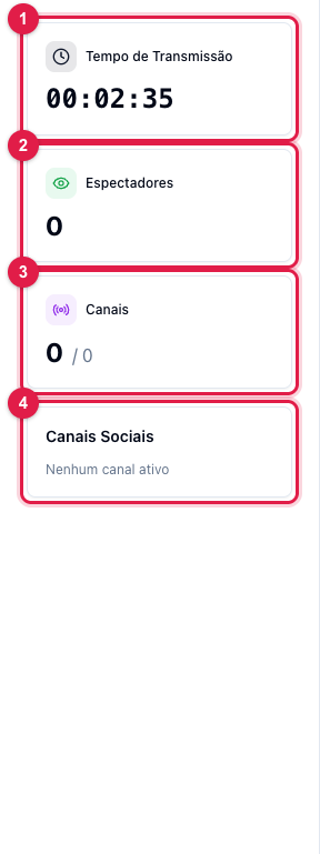 Painel da esquerda com tempo de transmissão, espectadores, canais e canais sociais