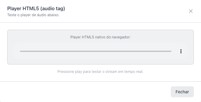 Janela de teste do Player HTML5 com o player de áudio e o botão Fechar