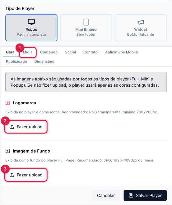 Aba Mídia com o upload da logomarca e da imagem de fundo