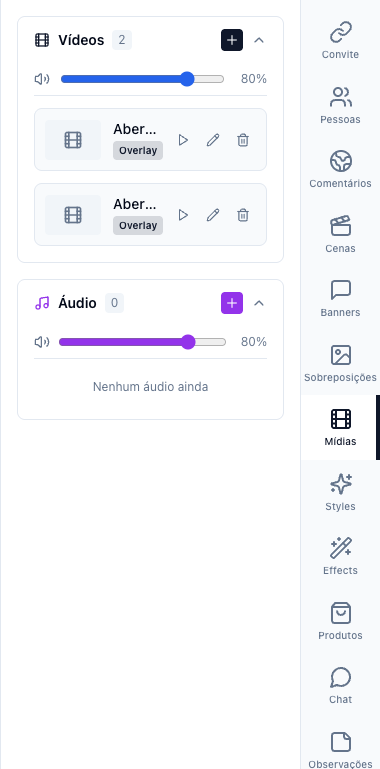 Aba Mídias com a lista de vídeos, o volume e a seção de áudio