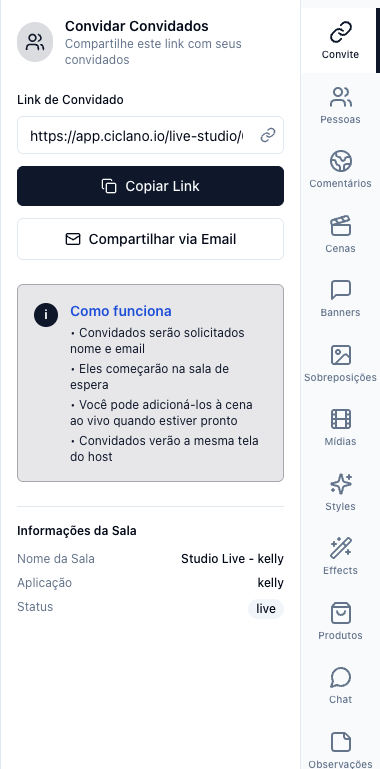 Aba Convite com o link de convidado, os botões Copiar Link e Compartilhar via Email e o quadro Como funciona
