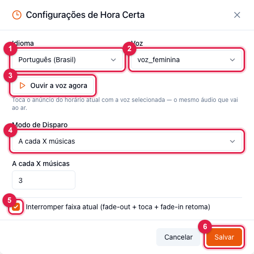 Janela Configurações de Hora Certa com idioma, voz, botão Ouvir a voz agora, modo de disparo e a opção de interromper a faixa atual