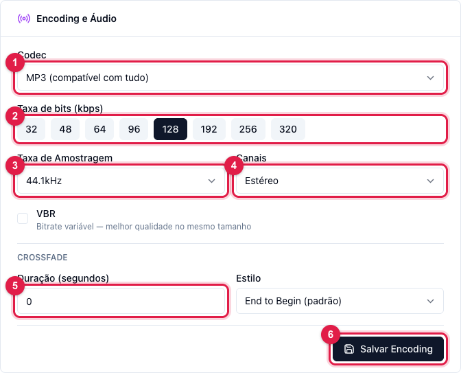Seção Encoding e Áudio com codec, taxa de bits, taxa de amostragem, canais, bitrate variável e crossfade