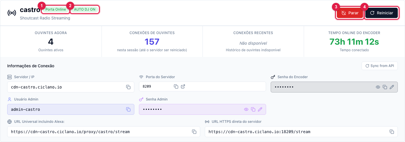 Cabeçalho da tela Início com os selos Porta Online e AUTO DJ ON e os botões Parar e Reiniciar