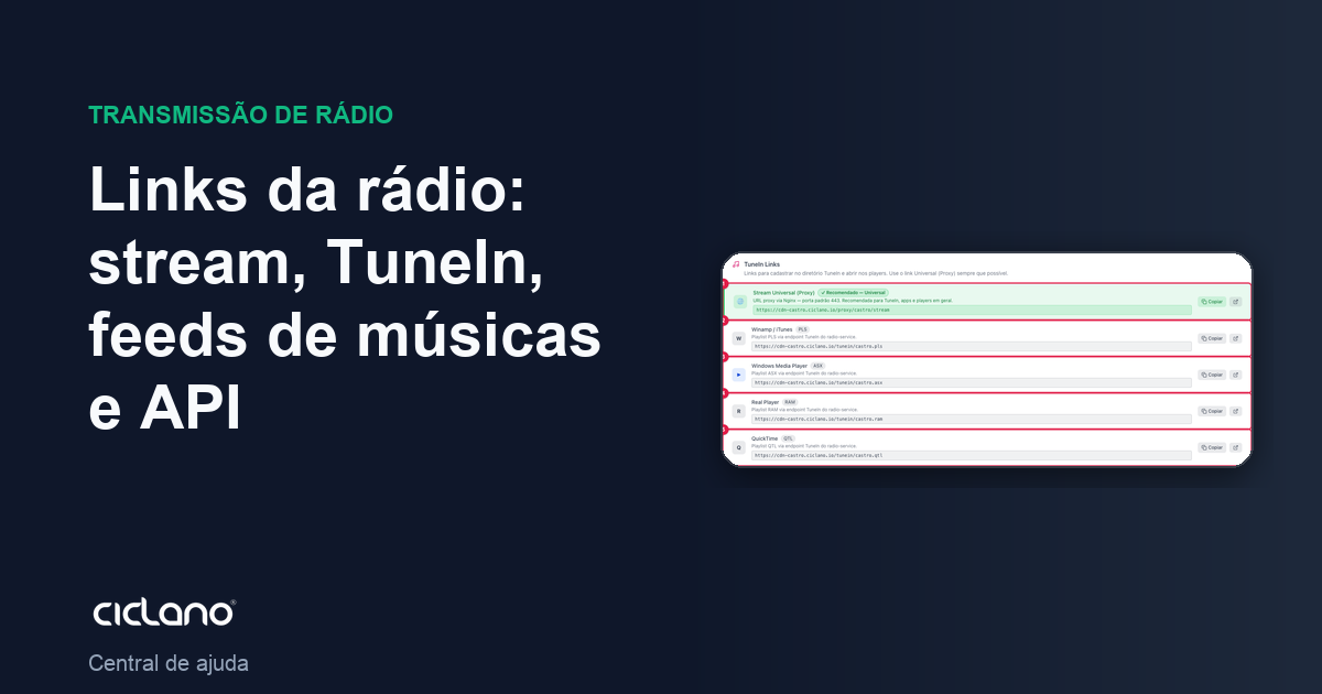 Links da rádio: stream, TuneIn, feeds de músicas e API