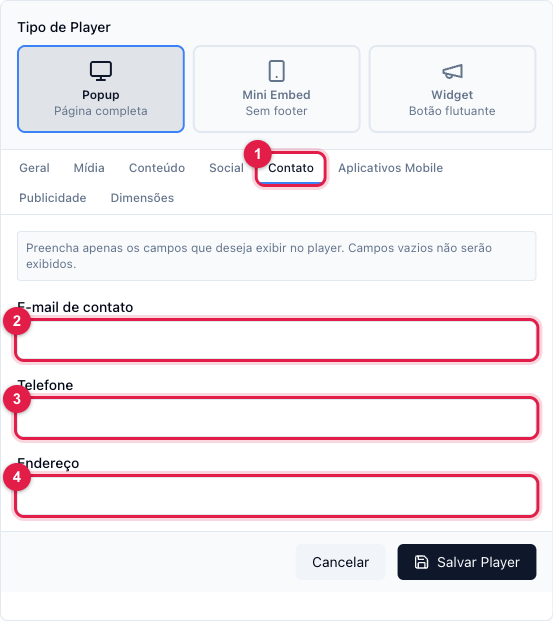 Aba Contato com e-mail, telefone e endereço